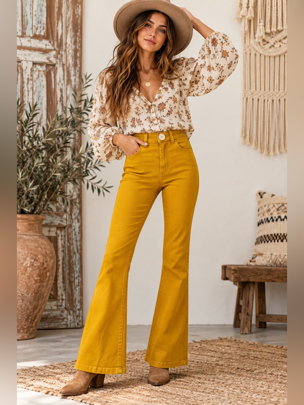 Whimsy + Row Flora Golden Yellow High Rise Flare Jeans Pants